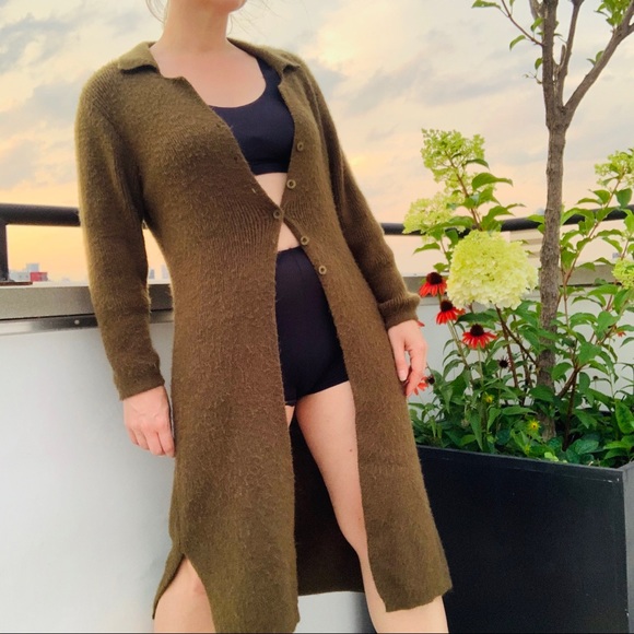 SOLD ON MERC Italian Knit Thick Long Mohair Wool Duster Cardigan Army Green - Picture 7 of 16